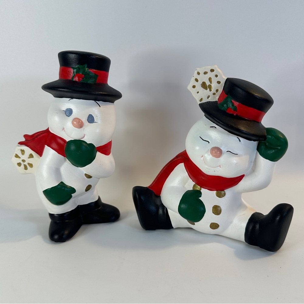VTG Adorable Hand Painted Ceramic Snowman Set of 2 Snow Buddies Christmas Winter